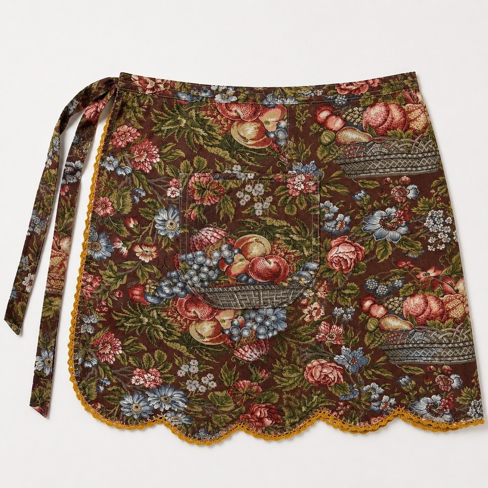 Vtg Floral Fruit Basket Half Apron Scalloped Crochet Cottagecore Brown Prairie